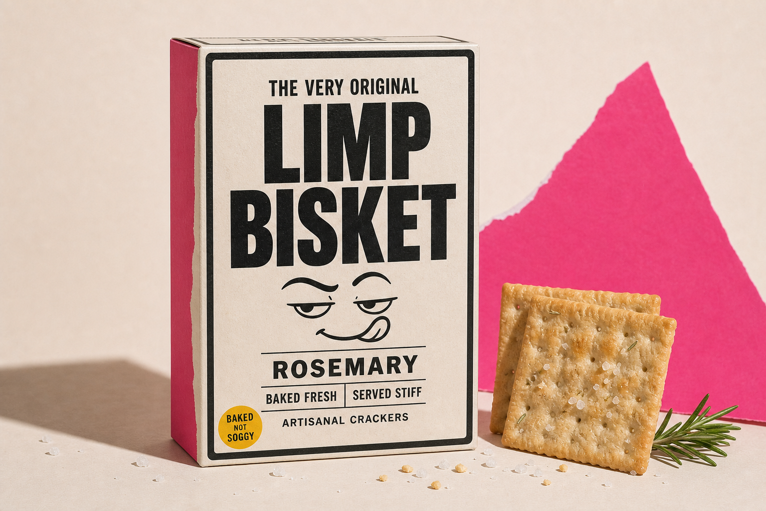 Studio mockup of The Very Original Limp Bisket rosemary artisanal crackers, baked fresh and served stiff